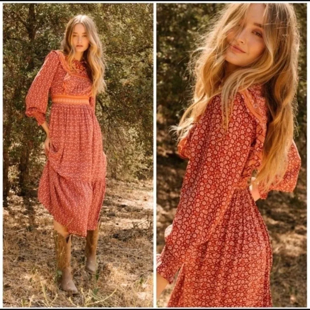 Boho Rust Floral Ruffle Midi Dress | Smocked Waist Prairie Dress